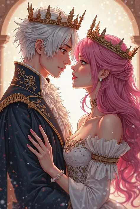 Manga couple, white-haired man and pink-haired woman, facing each other embracing with a king and queen crown, in addition to elegant clothes 