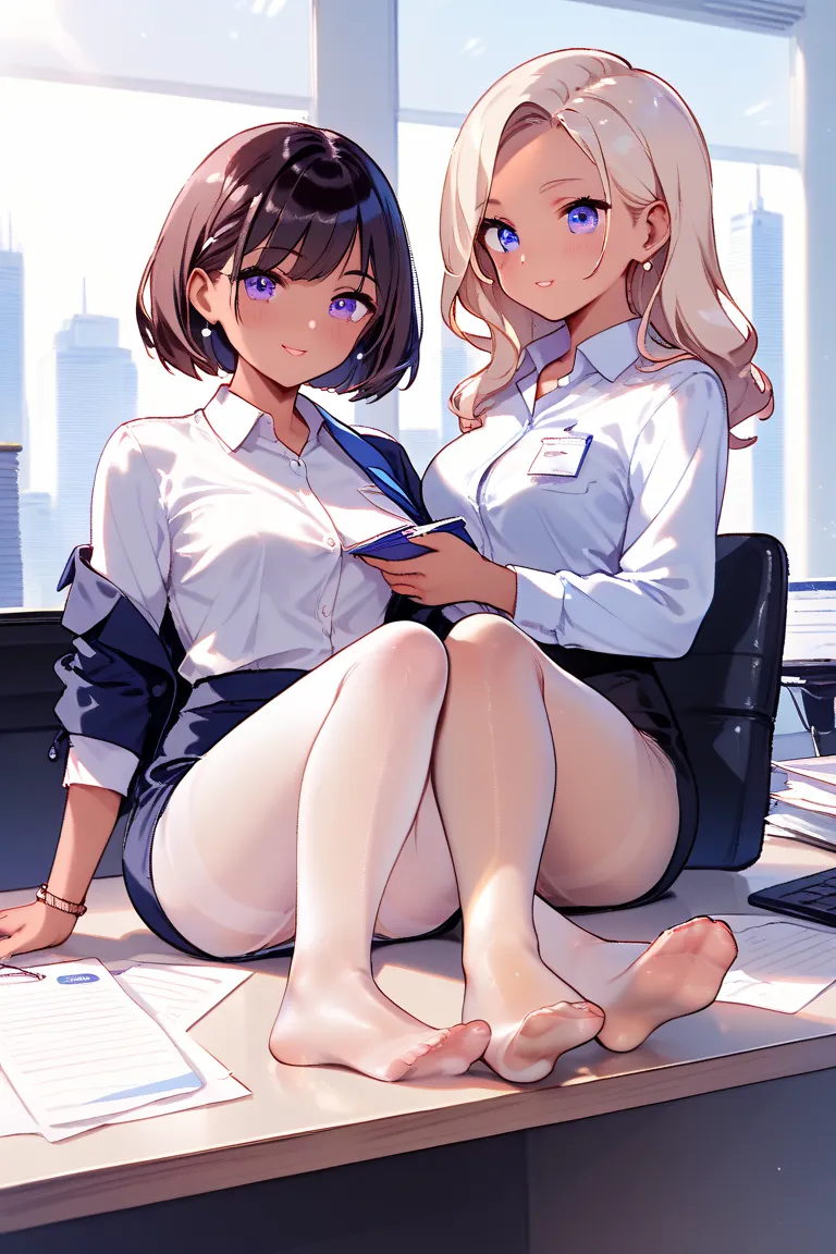 ((two lesbian office ladies playing footsie and getting aroused, tan pantyhose, tan RealNylonFeets, indoor office setting), soft natural lighting, anime art style), subtle color grading, trending on ArtStation, HD resolution, beautifully detailed office de...