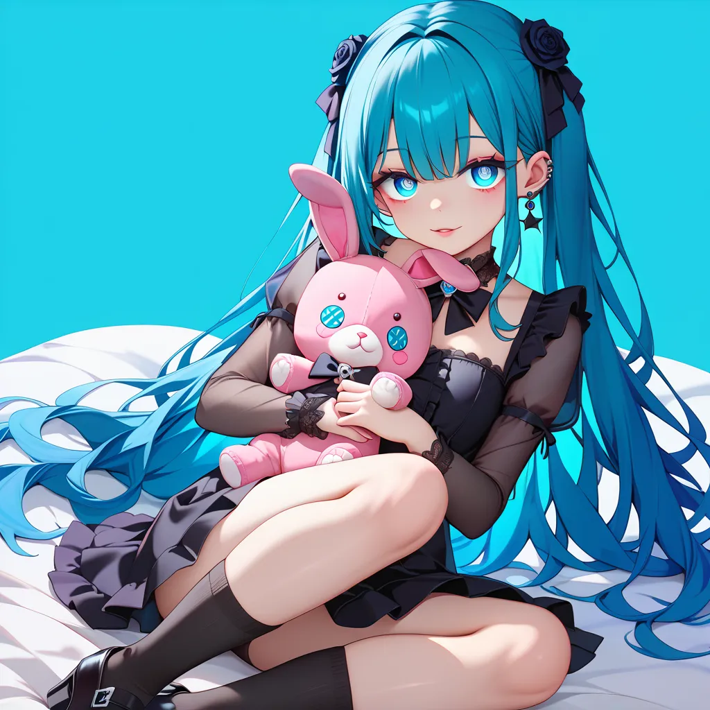 Baroque、Baroque style、Cyan Background、 black clothes  、 pretty face、baby face、((( detailed eyes 、 droopy eyes )))、 long sleeve with extended cuffs 、 Shoulder-Out、 one-piece flared skirt 、 holding a plush rabbit in one hand、black and light blue socks  、Goth...