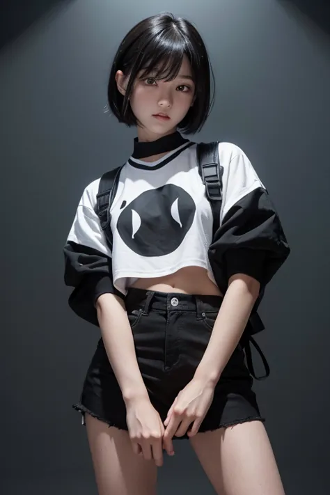  High Resolution,   boyish ,   1 girl,  black hair, Sporty shortcuts,   asymmetrical hairstyle  ,  Asymmetrical bangs,   yellow eyes,  There are three circles in the middle of the eye,  Skater Style Street Fashion, slightly oversized bottoms, standing, fut...