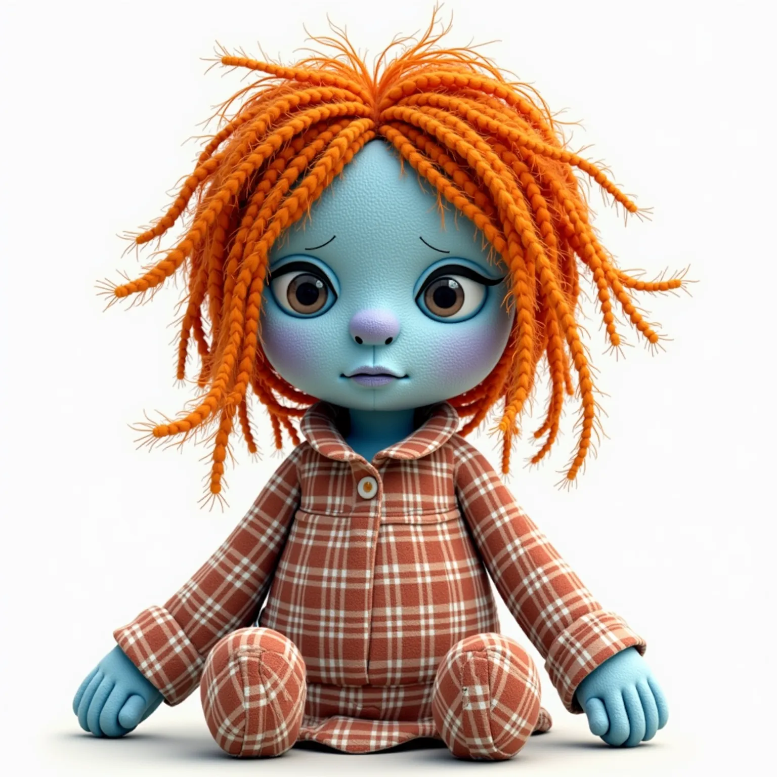 Orange wool hair rag doll, yeux cousu bleu, robe en tissu vichy, émotion visage triste ,  Pixar watercolor , fond blanc Résolution Haute, 