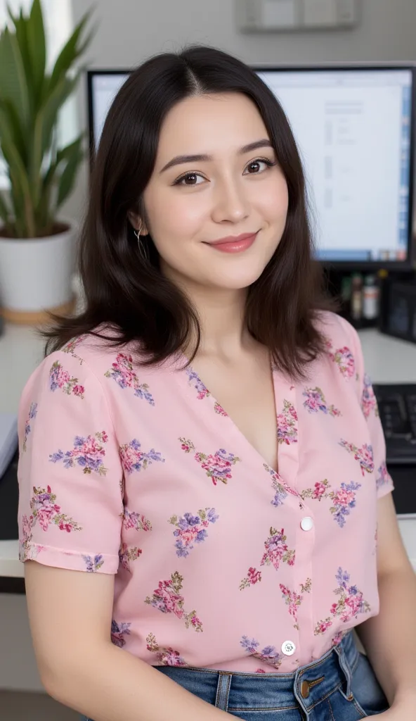 Portrait of a plump muscle asian woman. she is standing in front of a desk with a computer monitor and other office supplies in the background. the woman is wearing a pink blouse with a floral pattern and has shoulder-length dark hair. she has a slight smi...