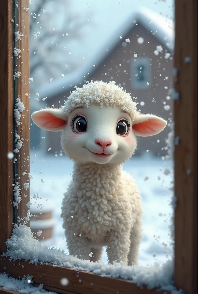 A fluffy lamb covered in snow stands outside a frosty window in a winter setting. The lamb has soft wool and a curious, adorable expression as it looks inside. Snowflakes rest on its head, and its breath slightly fogs the glass. The background features a s...