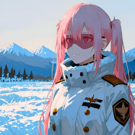  one adult woman with divided eyes、long pink hair、 pink eyes、 beautiful and cute、 Cold Weather Military Uniform