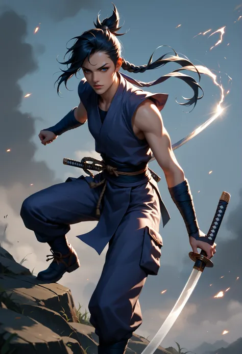 Hayabusa in mobile legend holding a swords and shuriken 