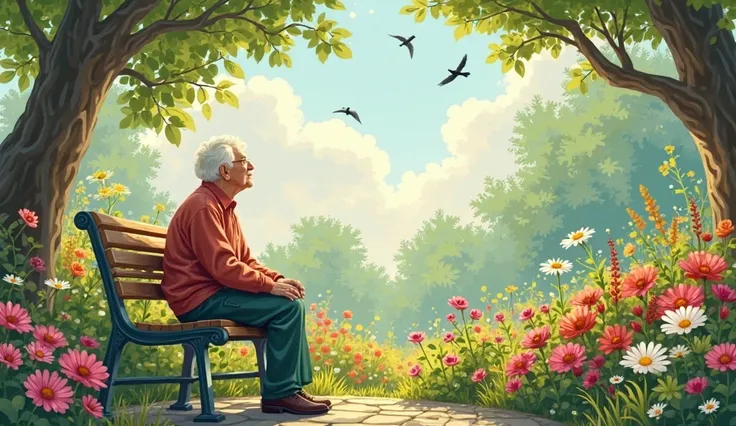 Reconnecting with Nature
Prompt: "An older person sitting on a bench in a vibrant garden filled with blooming flowers, surrounded by tall trees and birds flying overhead. The individual is taking a deep breath, fully immersed in nature, with a sense of won...