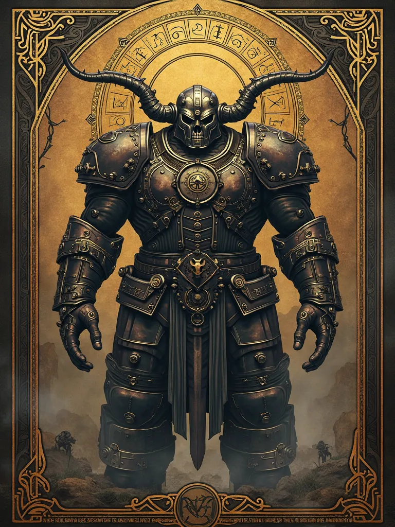 Titan giant，Runes engraved on a quaint mecha，on dark brown canvas bottom background， with black and gold tarot pattern framing ，ral-dissolve，wild，Rough，wild的星球场景， details， high quality， Ultra HD， xane value rendering，realistic的肖像，Light art，movie lighting，L...