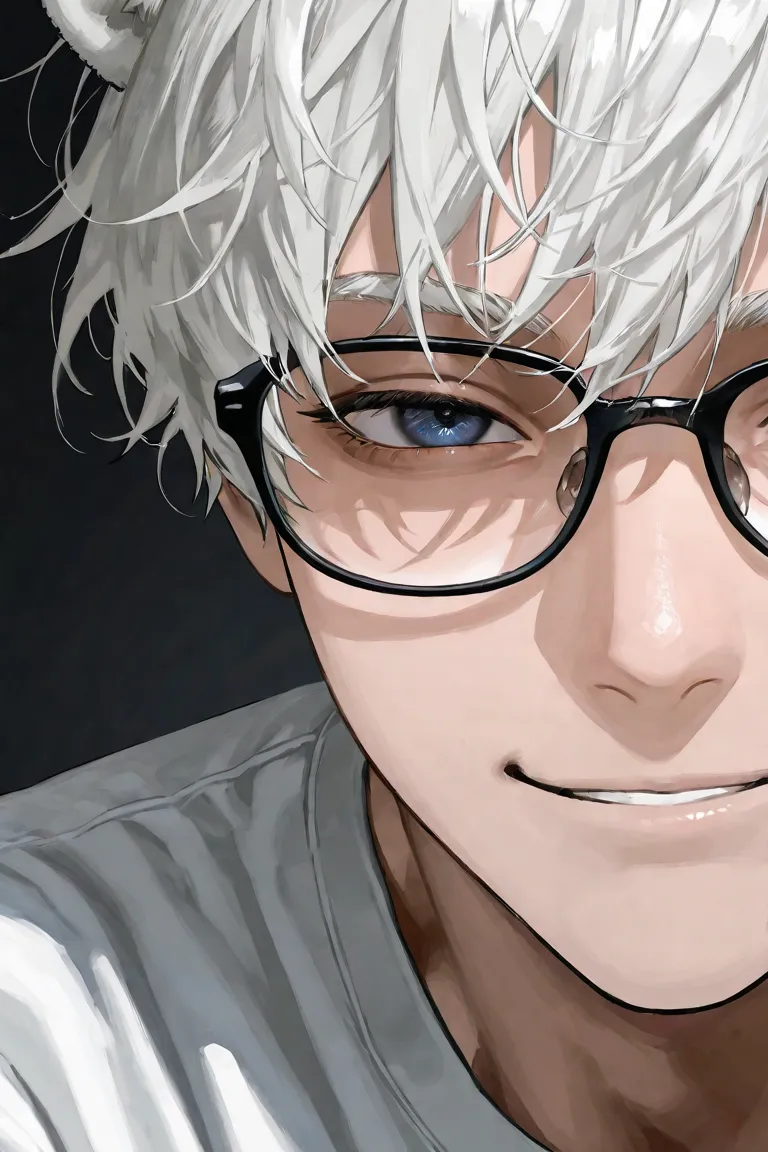 blackbox9158 style, masterpiece, best quality, amazing quality, very aesthetic, clear face, close up, 1boy, polar_bear_boy, polar_bear_ears, white_hair, messy_hair, mullet_hair, dark_blue_eyes, tall, wide_shoulders, glasses, white long sleeve shirt, close ...