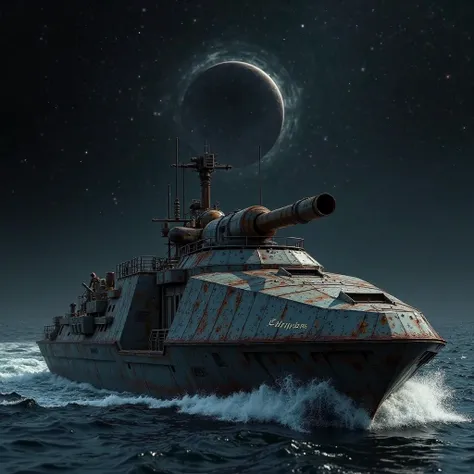 Futuristic small patrol warship with one cannon with name "Lord Prabu". Rusty. Colour dark grey metallic. Dark blue sea with black sky with space blackhole phenomenon