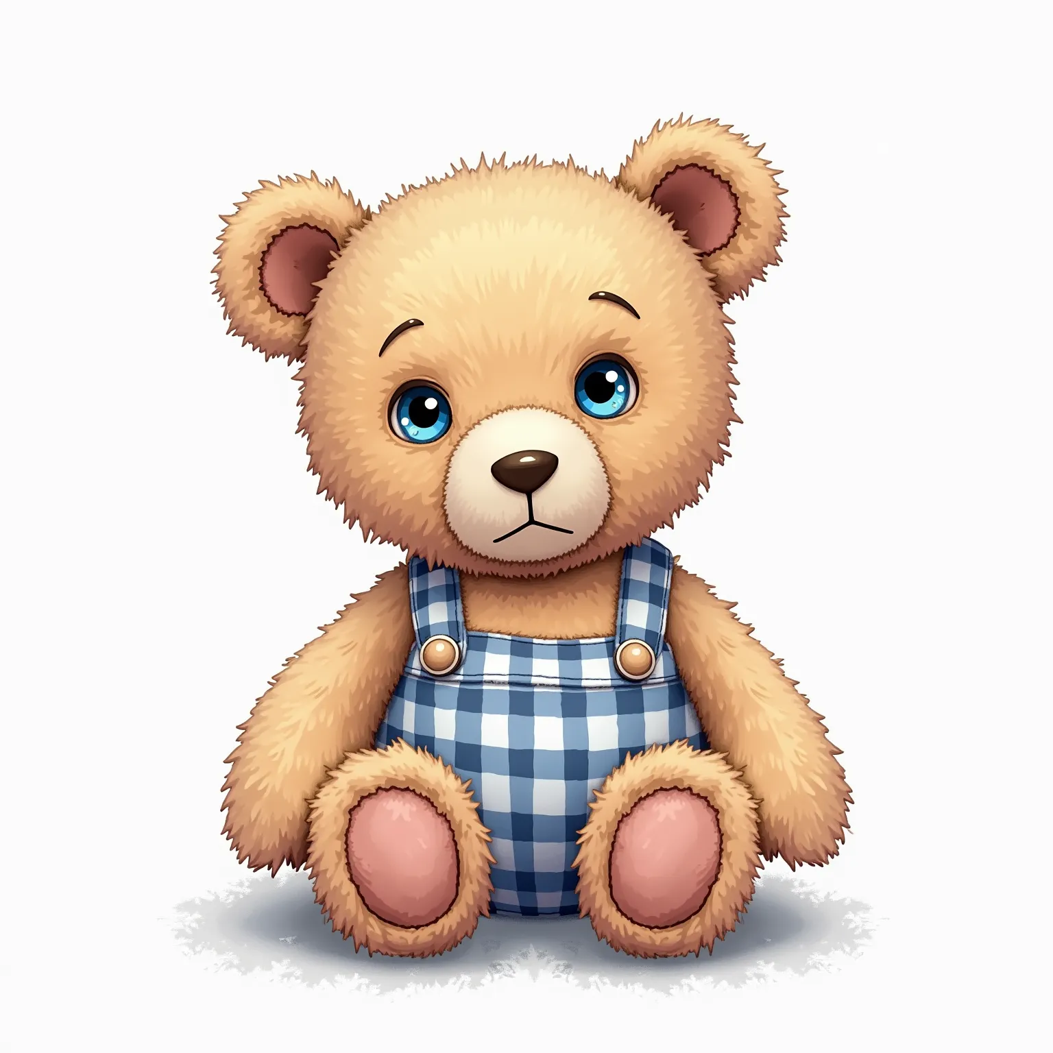 Plush teddy bear , yeux bouton cousu bleu, robe en tissu vichy, émotion visage triste ,  Pixar watercolor , fond blanc Résolution Haute, 