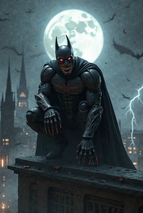 "A dark and fearsome superhero fused with a bat, crouching on the edge of a gothic rooftop under a full moon. His suit is a fusion of advanced black armor and organic bat-like elements, with a massive cape that spreads like bat wings. His face is partially...