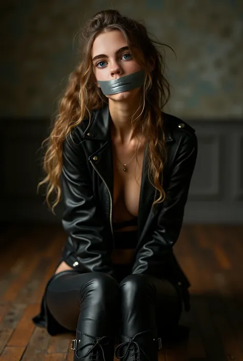 (photorealism:1.2) 18 years old girl, brown long curly hair, brown eyes, sitting in a photo studio's darkroom, she afraid, wearing short black open leather jacket, long blond hair tied back, black leather women's leggings, black long leather boots, her mou...