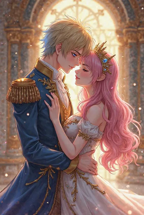 Anime Couple, blond haired man with blue highlights and pink haired woman, hugging his woman from behind,With king and queen crown, in addition to elegant clothes 