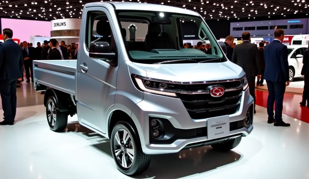 "A modern, compact kei truck with a metallic finish, designed for utility and efficiency. The truck features a small, boxy cab with large windows for visibility. The front showcases a sleek grille with a prominent logo, stylish headlights, and a sturdy bum...