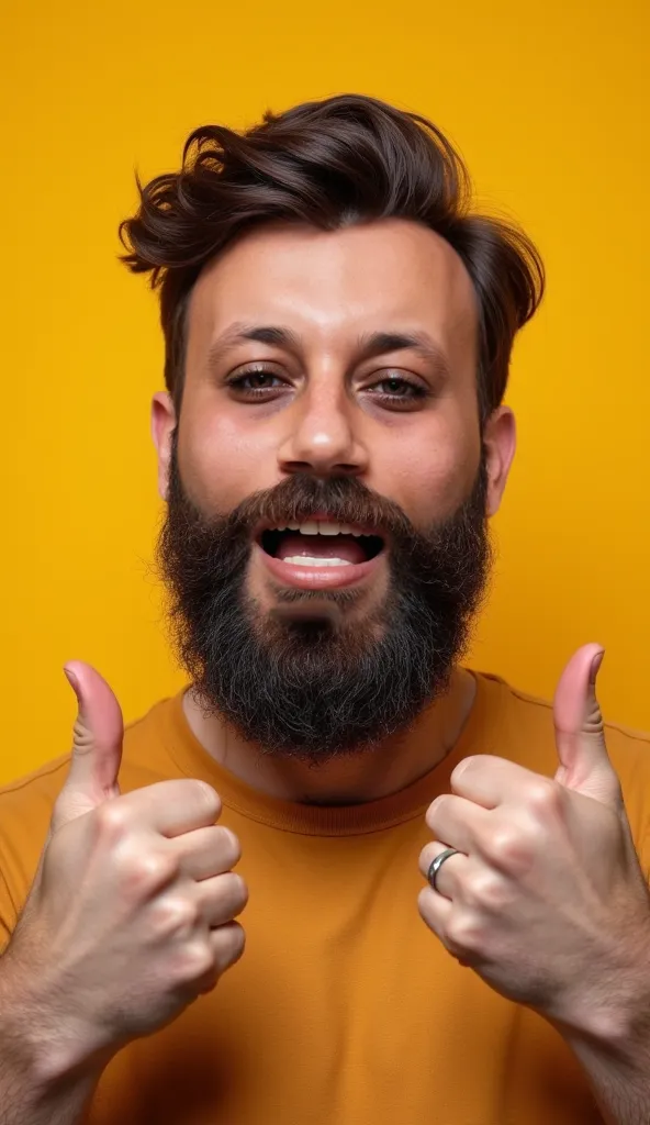 A bearded man making a funny face, sticking out his tongue in a playful way. His eyes are wide open, and he is making a goofy hand gesture, like jazz hands or pretending to hold an invisible object. The background is a simple, bright color to emphasize the...