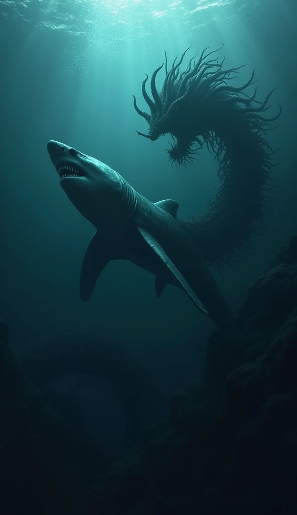 In the dark abyss of the ocean, a colossal shark prowls the depths, its form just a shadow in the water. Nearby, an eldritch abomination uncoils its endless tendrils, sensing the vibrations of its natural counterpart. The silence is broken only by the soun...