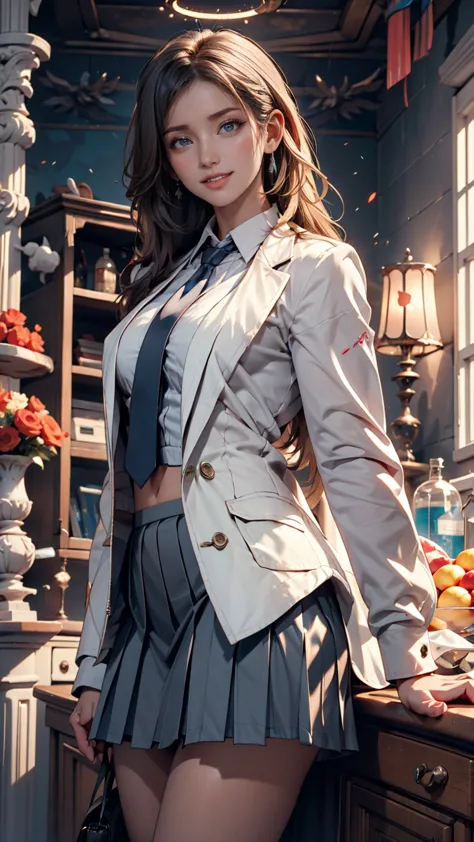 masterpiece, Highest quality, Ultra High Definition, 1 girl, aris, white jacket, white shirt,  blue tie, micro mini pleated skirt,  halo, indoors, smile 