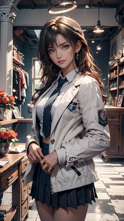 masterpiece, Highest quality, Ultra High Definition, 1 girl, aris, white jacket, white shirt,  blue tie, micro mini pleated skirt,  halo, indoors, smile 