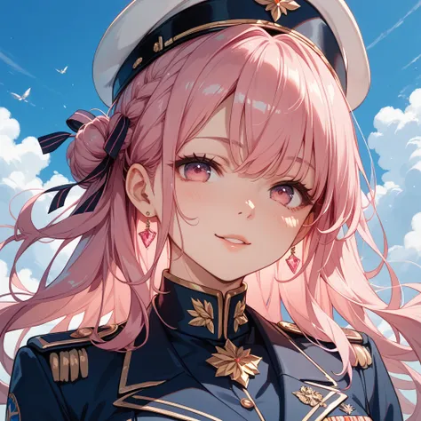  one adult woman with divided eyes、long pink hair、 pink eyes、 beautiful and cute、 Cold Weather Military Uniform