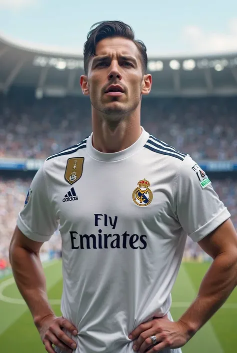 superman, wears an all-white Real Madrid jersey, he has the Real Madrid logo on his chest. He stands in a powerful pose with his hands on his waist. Santiago Bernabéu stadium or cityscape in the background.