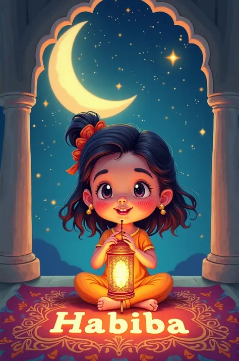 A girl cartoon holds a bright Ramadan lantern in a Ramadan atmosphere with Hilal and Place the individuals on a decorative carpet, and add the text 'Habiba' in bold, illuminated letters on the carpe
