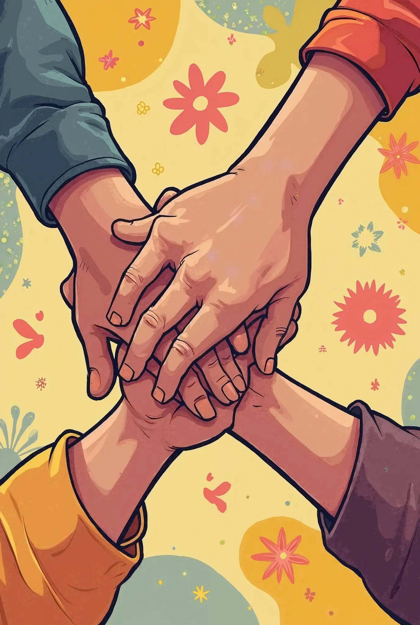 Cartoon poster of four hands holding each other wrist 