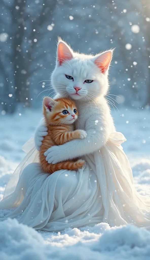 "In a serene, icy landscape, a beautiful white mother cat sits gracefully in the snow, holding her fluffy orange and white kitten close to her chest. The mother cat wears an elegant, flowing white dress that drapes over the snow, blending softly with the f...