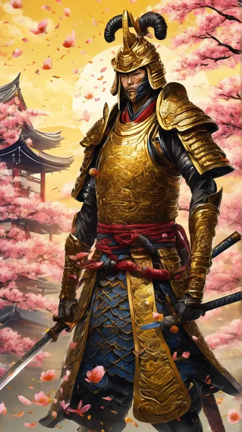 An 8K ultra-high-resolution illustration of a Japanese imperial guard samurai in an ancient anime art style, dressed in gold and yellow traditional armor with intricate lacquered plates and woven chainmail. The armor features bold patterns, such as waves, ...