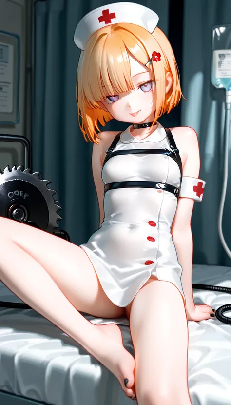 1girl, lavender eyes, jitome(0.5), Orange Blonde hair, straight short bob hair cut, Asymmetrical bangs, Bangs that cover one eye, hime cut, flat Breast, black cropped top, dark nurse, flower pettern, Choker, bare legs, foot, toenails, black nail polish, dy...