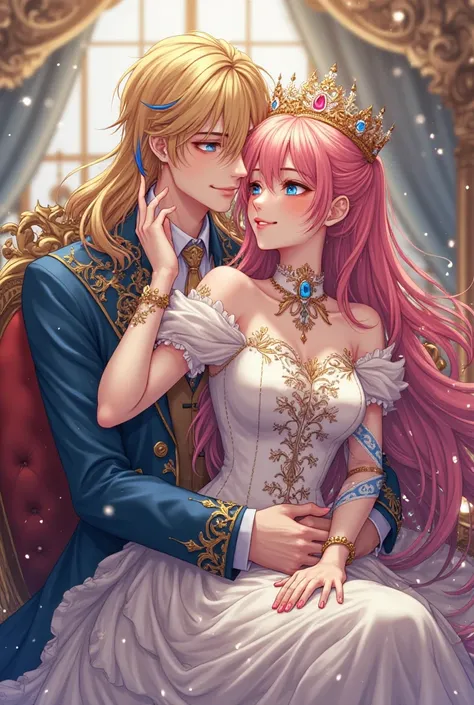 Anime Couple, man with long blond hair with blue highlights and woman with pink hair, hugging his woman from behind,With king and queen crown, in addition to elegant clothes 