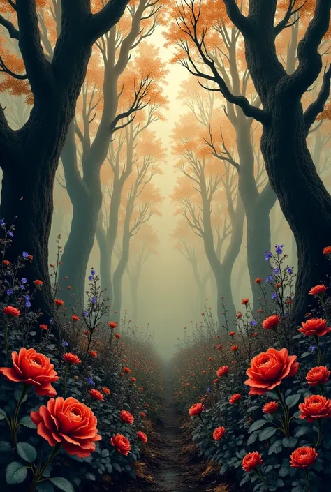 a beautiful dark gothic forest with creaks and moonlight shinning through it willow trees and cherry blossoms with roses red spider lillies and blue and purple morning glory growing sepia effect