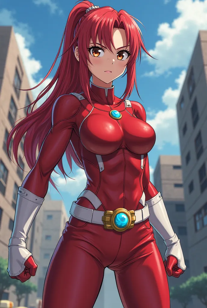  My Hero Academia Style , Anime girl, female, young female,muscular female,Full Body Shot,(fighting Pose:2),Long hair, Red Hair,  Brown Eyes,Hero Suit, Full Body Suit, red suit with white details,small round blue jewel in the center of the chest, perfect a...