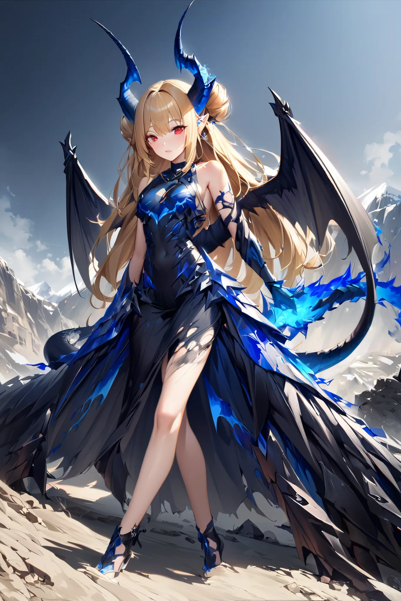 A woman stands in the background of a mountain covered with blue flames。２Big horns on a book, long blonde hair up to the feet, red eyes、The black dragon's tail is growing and the black dragon's wings are spread wide。I'm wearing a white torn and dirty dress...