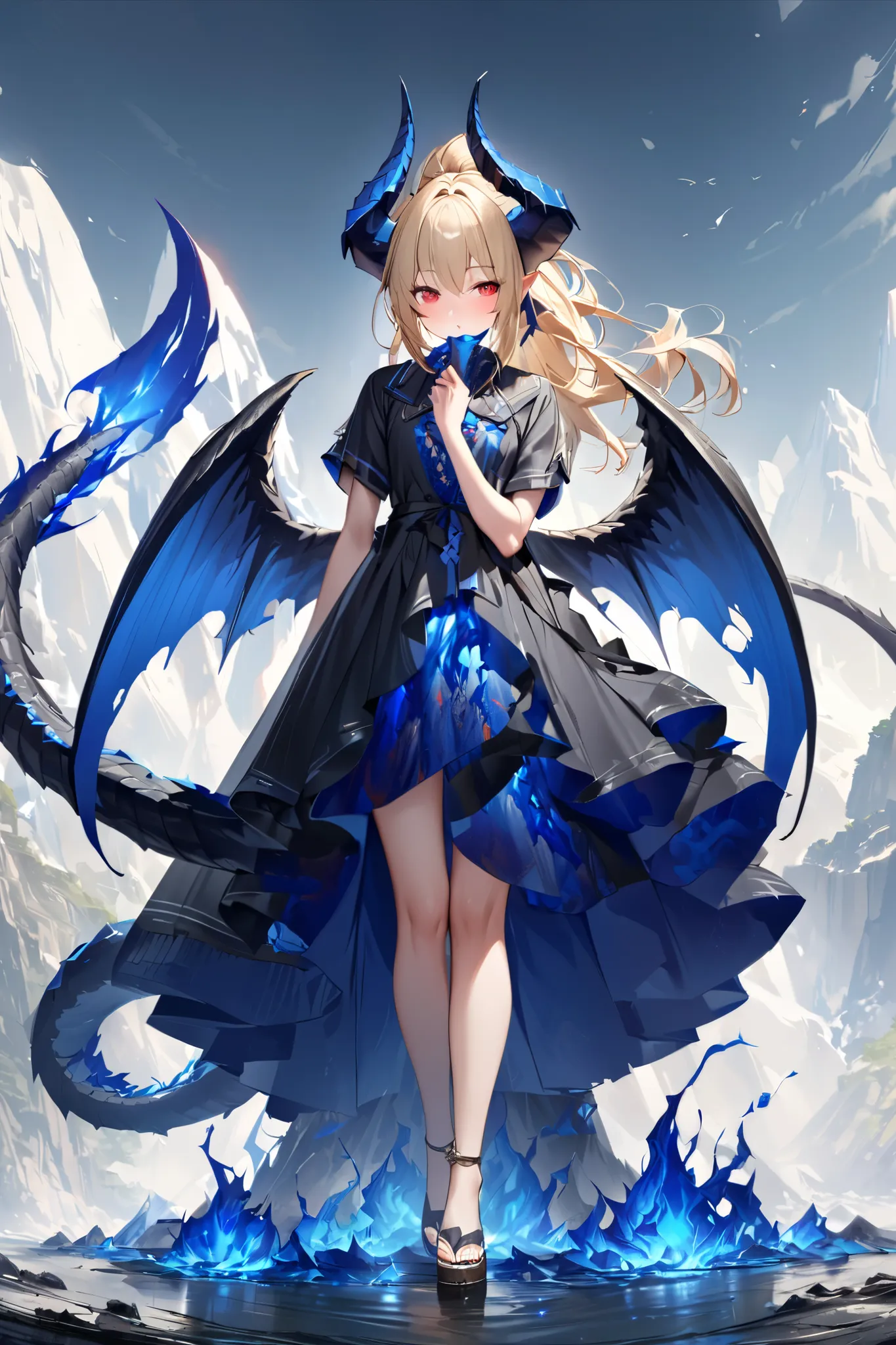 A woman stands in the background of a mountain covered with blue flames。２Big horns on a book, long blonde hair up to the feet, red eyes、The black dragon's tail is growing and the black dragon's wings are spread wide。I'm wearing a white torn and dirty dress...