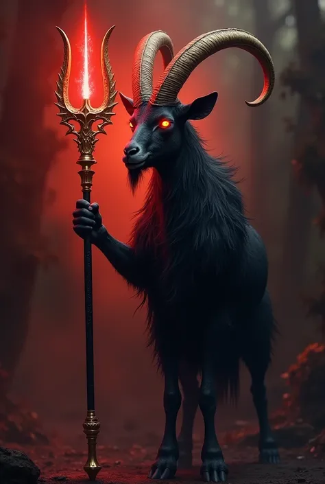 A half-macabre photo of a goat with an Exu trident photo with the colors red and black and something gold