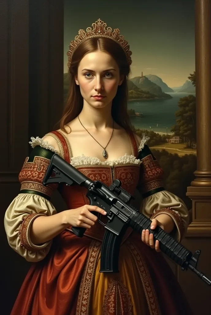 Fais moi une image dans un style de peinture du 16 eme siècles. Une femme dont on ne voit pas sa tête, l’image est coupé au niveau de son nez, habillée comme dans les années de la renaissance tenant une arme de style M4. Point de vue reculé