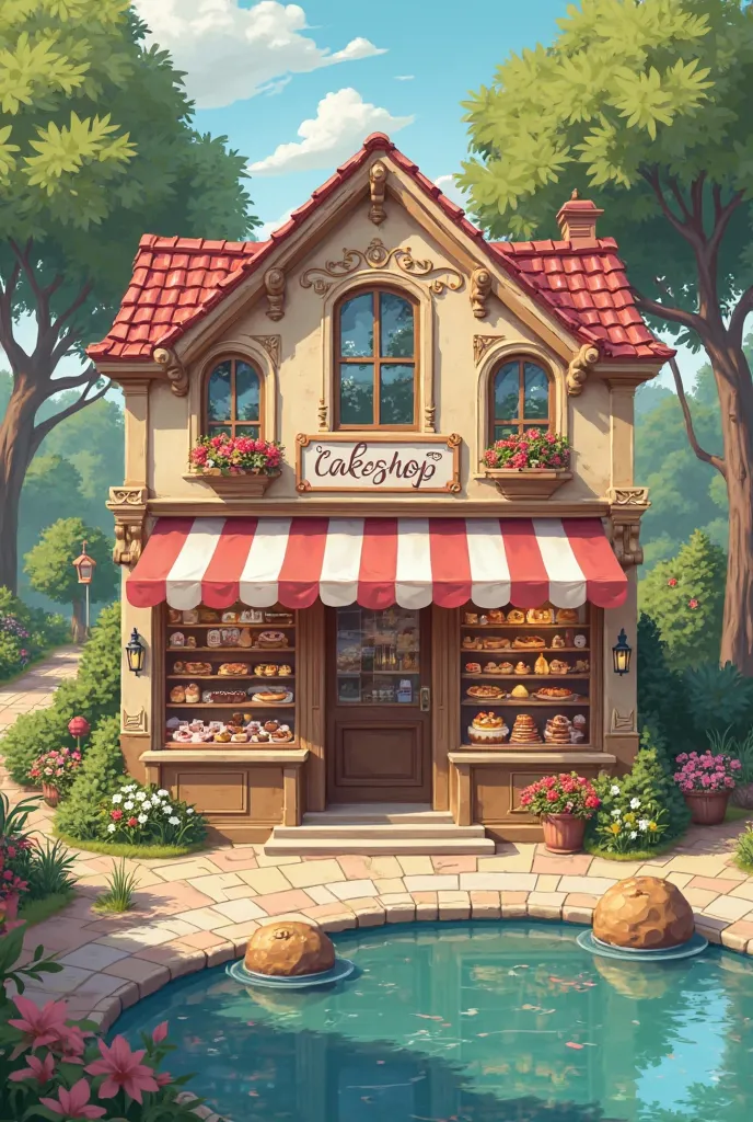 Make a pastry with the name Cake Shop GDBR. The pastry shop is in front of the park