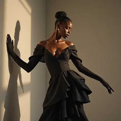 "A golden-skinned black woman with strong traits and sculptural beauty. She wears a piece of haute couture in abstract sculptures, with voluminous shapes and fluid architecture. The fabric is matte and structured, cobrindo totalmente o corpo sem  transpare...