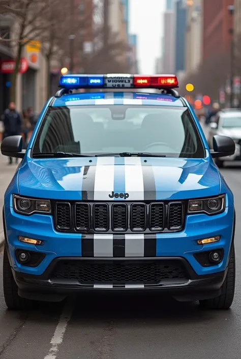 Create an image of a Jeep compas vehicle as a police vehicle, color blue with vertical gray stripe and gray stripe on the hood