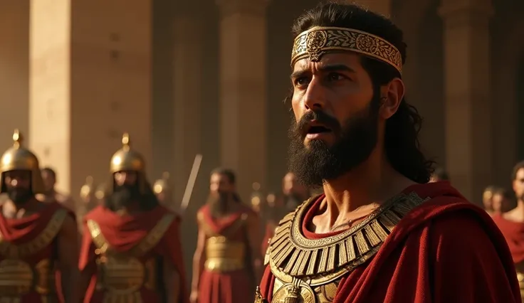 theme: (in the palace, King Darius III knew very well that the shadow of destruction had arrived at his doorstep.) focus : King Darius III, with a shocked face supporting details : High realism, super quality, action photography style, ultra HD resolution,...