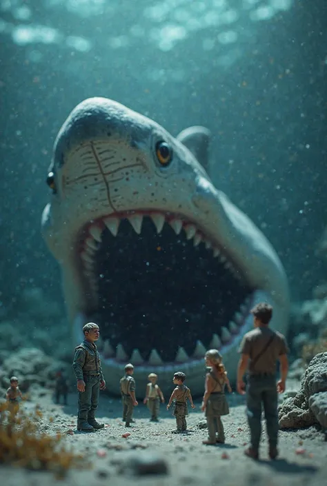 Miniature people with giant shark 