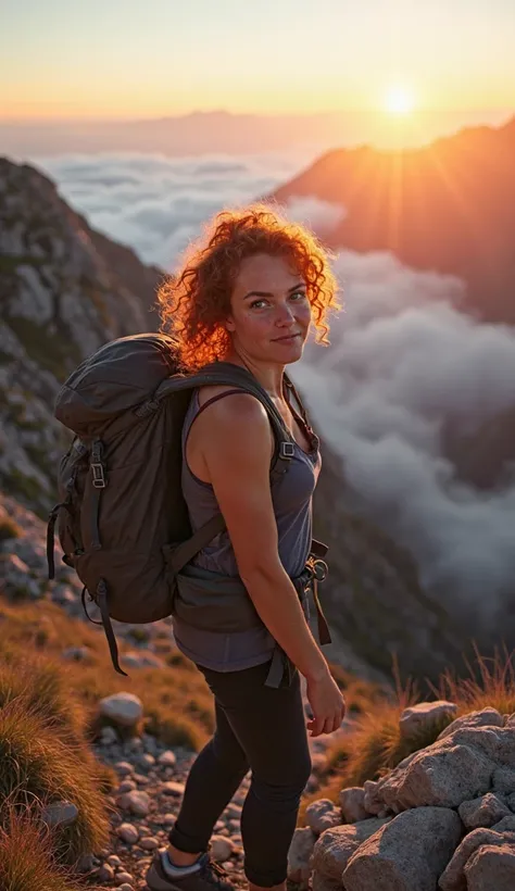 "A woman, mid-20s, with curly red hair, freckles, and blue eyes, climbing a steep mountain trail at sunrise. She wears hiking gear and carries a backpack. The background shows a vast landscape with clouds below, symbolizing determination and overcoming cha...