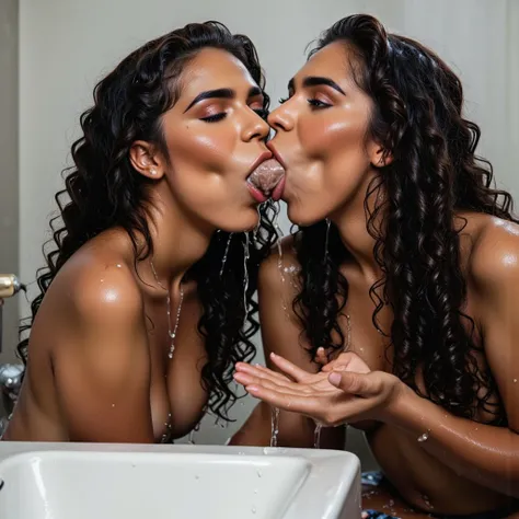 An elderly Indian woman is leaning over a sink in a high-rise office, washing her hair under a running faucet. Her eyes are closing as she is drinking water from her cupped hand. Behind her, a younger woman is playfully sticking out her tongue near the old...