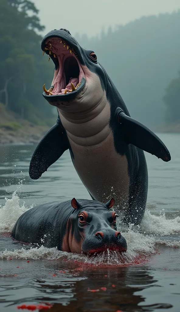 "A triumphant killer whale standing over a defeated hippopotamus, the hippo lying lifeless in the water, blood swirling around, river background, dramatic lighting, ultra-realistic, highly detailed, fierce and victorious."