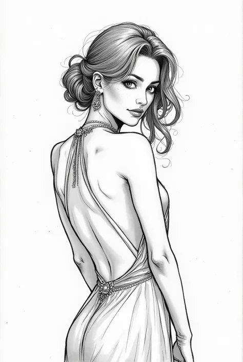 A confident and elegant manga woman in a backless dress, looking over her shoulder with a mysterious smile, intricate hair details, soft shadows and fine line work, black and white ink drawing, perfect for adult coloring book.