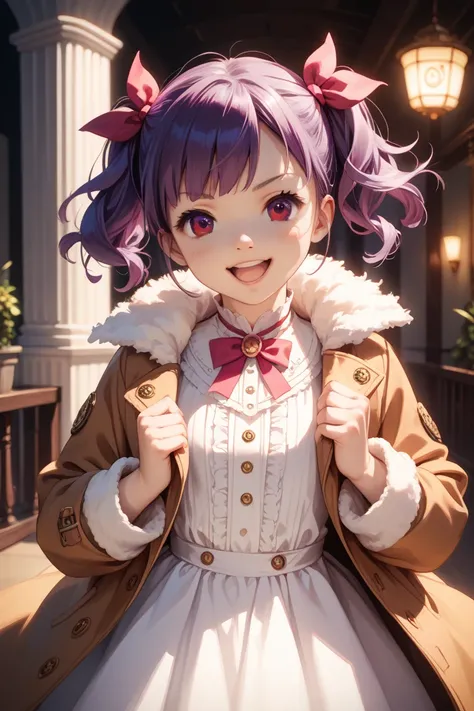 one girl、Purple Hair、short twin tails、smile、Dress Coat 、is opening his mouth、brown eyes、 purple hair 、、tsundere