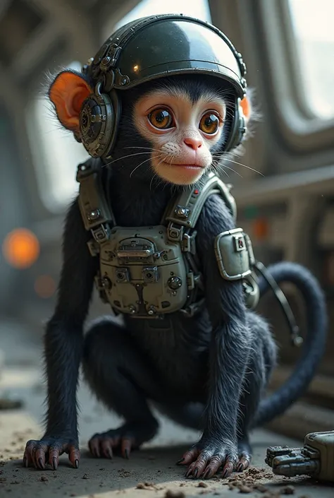 A little Spider monkey dressed in tactical pilot clothing