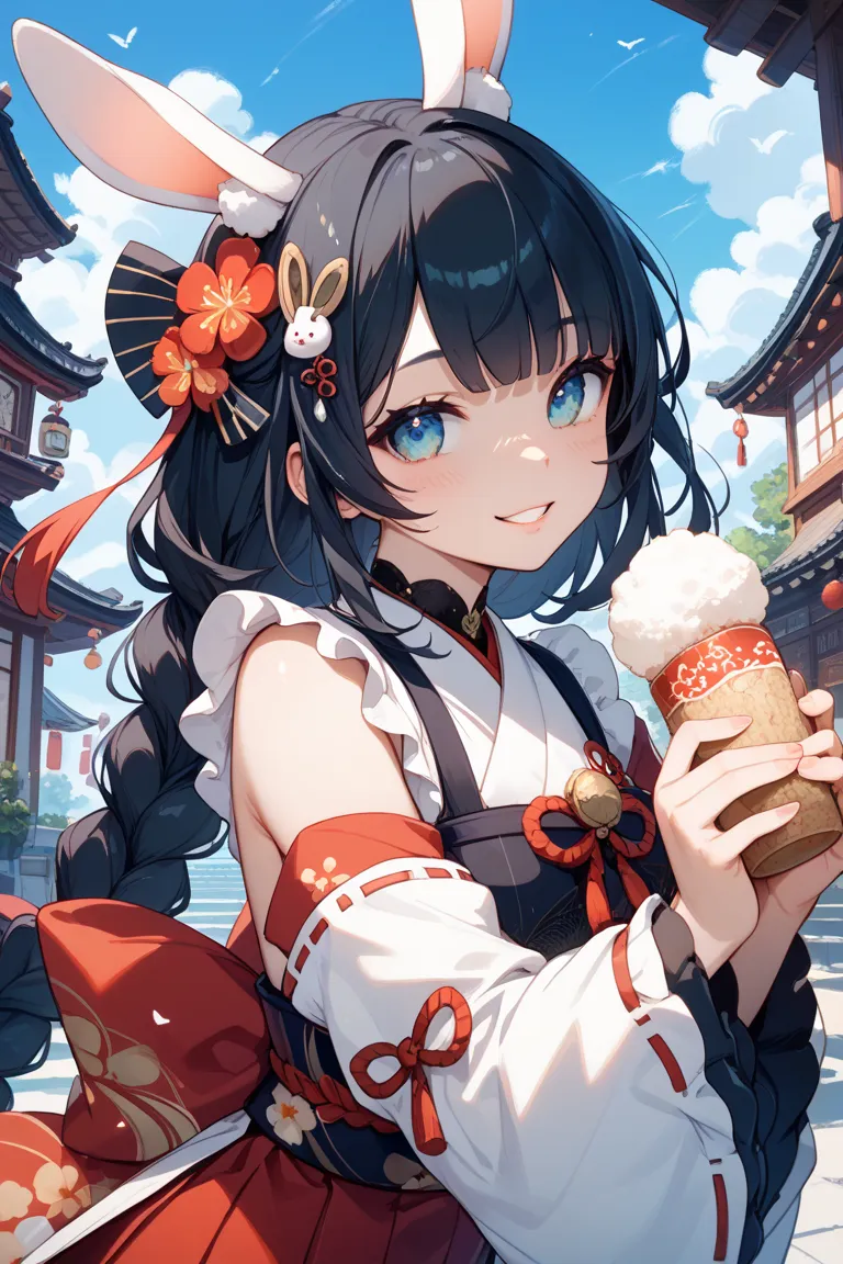 VTuber girl with black hair。A hair ornament designed like a braid is wrapped around her hair。What to wear、The black color is the base、wearing Japanese-style clothes。 gorgeous outfit。The pattern on the clothes、Rice ears and rabbits have mochi。her face looks...