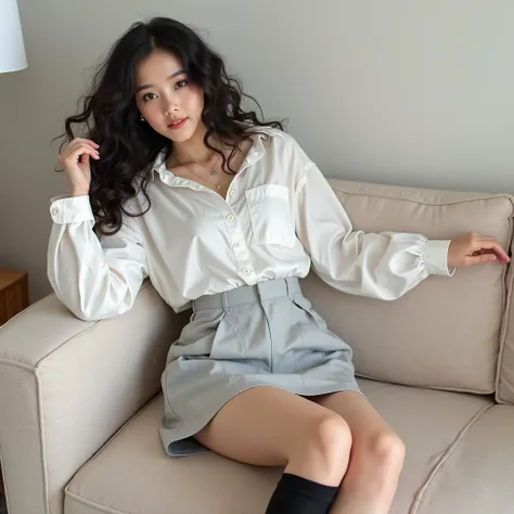 Overall Wear • Top： White Long Sleeve Shirt，with slit cuff design，Adds fashion and softness。  • Lower body ： light gray miniskirt ，Shows a clean and refined style，with a top that looks light and elegant。 • Shoes： Black Stockings ，Add a casual feel，creates ...