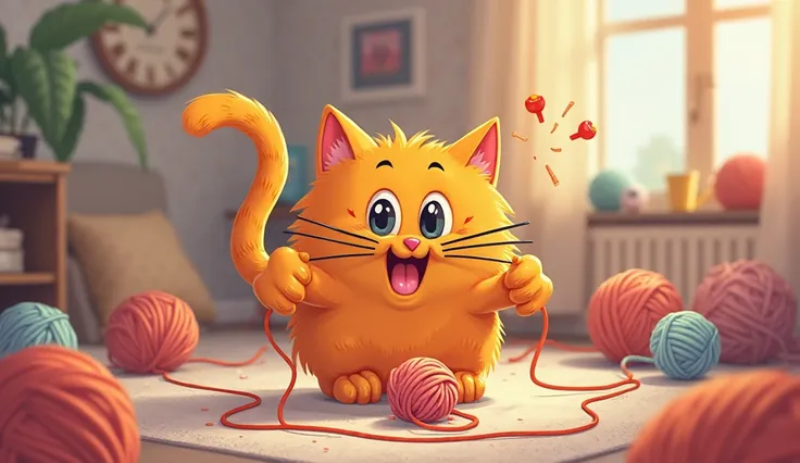 CARTOON ORANGE CAT PLAYING WITH YARN